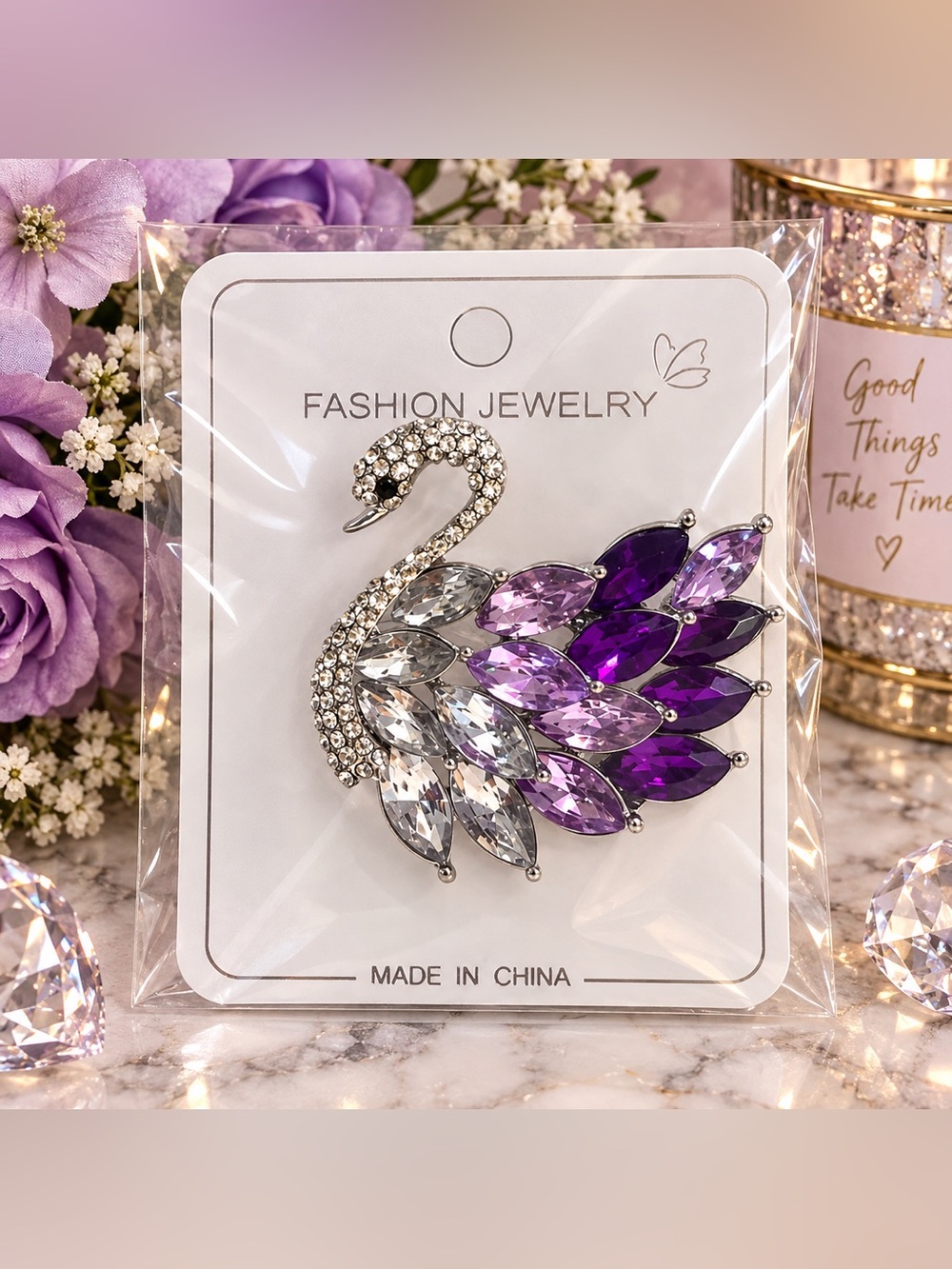 🦢 Purple & Clear Crystal Swan Brooch Pin